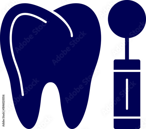 Tooth mirror silhouette vector. Black silhouette of a tooth and dental mirror icon. Black silhouette of a healthy tooth next to a dental mirror tool. 