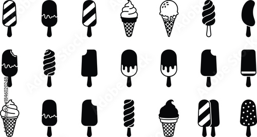 Ice Cream and Popsicle Icon Set, Black Vector Silhouettes, Frozen Treats, Sweets, and Dessert Symbols, Flat Design Cones, Bars, and Swirls Collection for Web or Menu Design