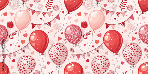 A joyful and festive pattern featuring red balloons, hearts, and decorative bunting on a light background.
