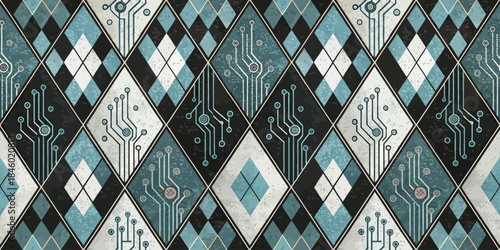 A modern geometric pattern featuring a mix of teal and black diamonds with circuit designs, ideal for tech themes.