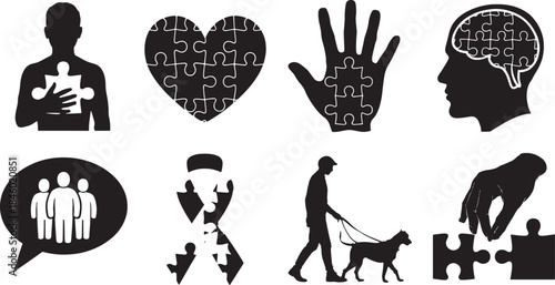 Collection of nine black vector silhouette puzzle pieces and human figures brain head