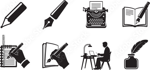 Collection of nine black writing and typing icons on white background pencil typewriter