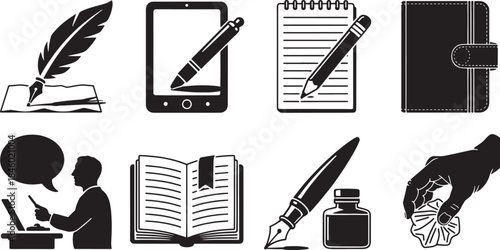 Collection of nine black vector icons depicting writing and communication black and white