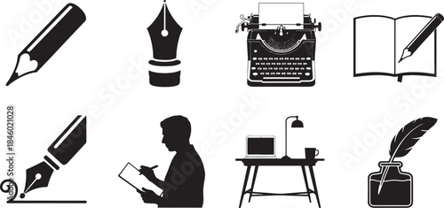 Collection of nine black vector icons depicting writing and office elements white