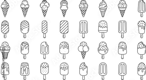 Mega collection of 60 linear black and white ice cream icons, including cones, scoops, popsicles, and various frozen dessert treats vector illustration set.