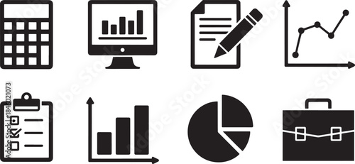 Collection of nine black vector icons for business and finance analysis calculator computer screen