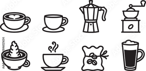 Black and white vector icons of coffee cups and brewing equipment latte cappuccino