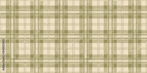 A soothing green and beige plaid pattern featuring intricate grid lines and textures.