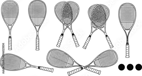 Black and white vector illustration of tennis and squash rackets set on white background, vintage sport equipment drawing for design.