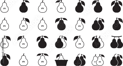 Black and white vector icons of pears in various styles and arrangements fruit