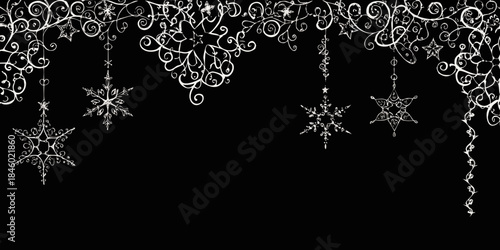 Intricate white snowflake designs and swirling patterns against a dark background