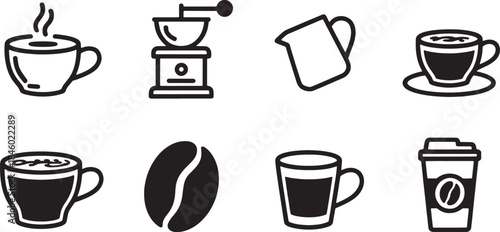 Collection of black and white coffee related icons on white background coffee bean grinder