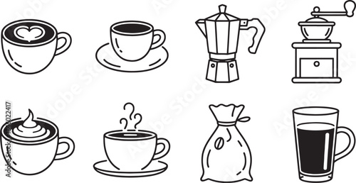 Collection of black and white line art coffee icons including cups and equipment latte cappuccino