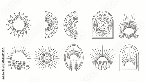 Bohemian Sun and Moon Icons: Celestial Symbols for Astrology, Esoteric, and Mystical Designs