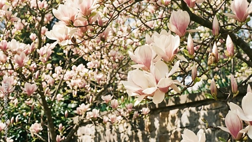 Vibrant pink magnolia blossoms herald the arrival of spring, creating a beautiful natural backdrop with delicate petals and new growth, symbolizing renewal and natural beauty