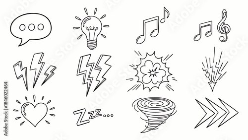 Hand-drawn icons: speech bubble, lightbulb, music notes, lightning, heart, sleep, tornado, arrows