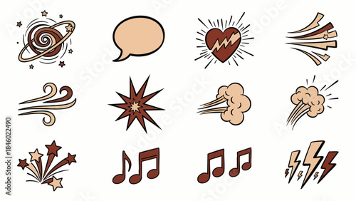 Set of comic book style graphic elements including stars, speech bubble, heart, wind, explosion, music notes, and lightning