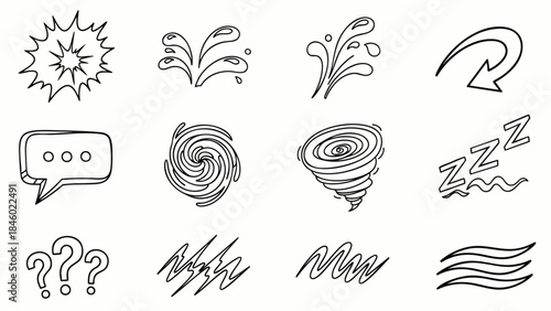 Hand-drawn icons representing explosions, water splashes, arrows, speech bubbles, storms, sleep, questions, and wind