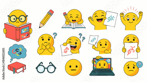 Cute Yellow Emoticon Characters Expressing Various Emotions Related to Learning and Studying