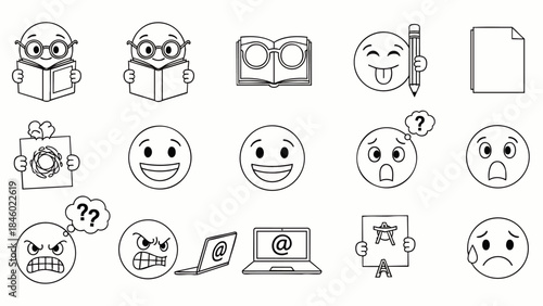 Collection of Hand-Drawn Emojis and Icons Representing Emotions, Learning, and Technology