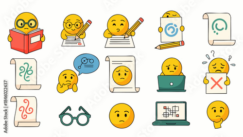 Collection of Emojis Depicting Learning, Studying, and Thinking, with Books, Papers, and Laptops