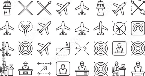 Collection of black line art airport and aviation icons on white background airplane aircraft