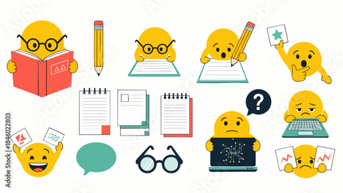 Set of cartoon emojis depicting learning, studying, and creative writing with books, pencils, and notepads