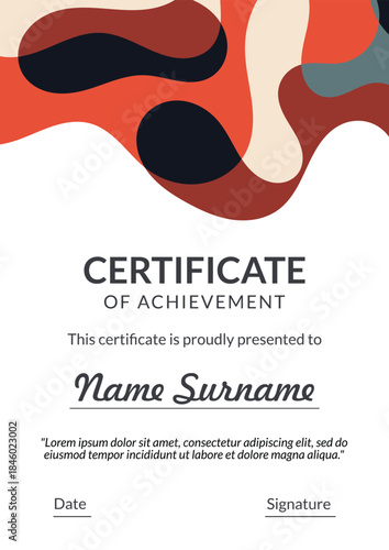 Vertical bussiness certificate of appreciation achievement with colorful organic shapes composition