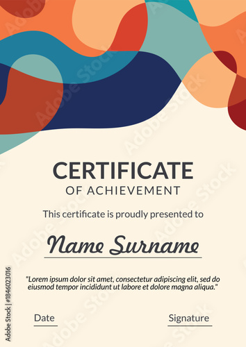 Vertical bussiness certificate of appreciation achievement with colorful organic shapes composition