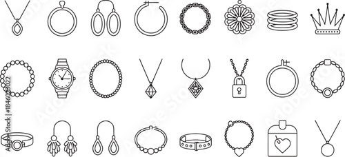 Collection of black outline jewelry and accessories icons on white background necklace pendant