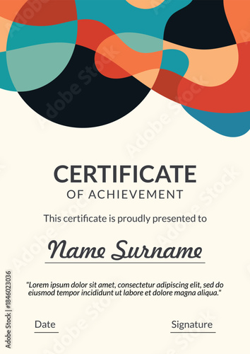 Vertical bussiness certificate of appreciation achievement with colorful organic shapes composition