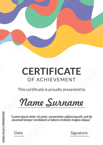 Vertical bussiness certificate of appreciation achievement with colorful organic shapes composition