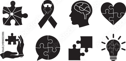 Collection of eight black and white puzzle piece icons and symbols jigsaw puzzle