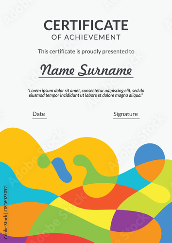 Vertical bussiness certificate of appreciation achievement with colorful organic shapes composition