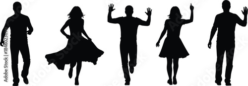 Set of Black Silhouettes of Diverse Men and Women Running, Walking, and Waving Vector Collection for Action and Lifestyle Concepts.