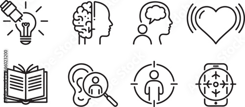 Collection of nine black outline icons representing ideas learning and human perception light bulb telescope