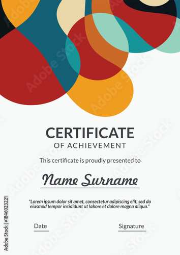 Vertical bussiness certificate of appreciation achievement with colorful organic shapes composition