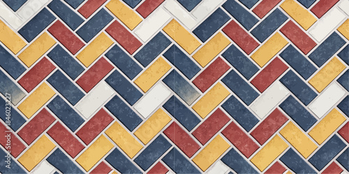 A vibrant and colorful herringbone pattern featuring red, yellow, white, and navy blue tiles.