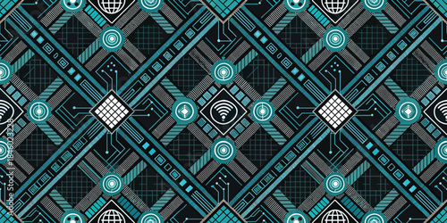 A vibrant abstract technology pattern featuring circuit designs in turquoise and black.