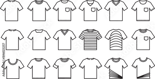 Collection of simple black outline t shirt icons with various necklines and details t shirt clothing