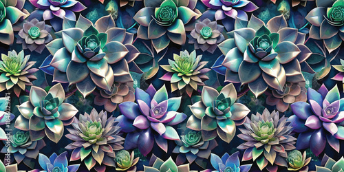 A vibrant arrangement of colorful succulents in a stunning botanical pattern.