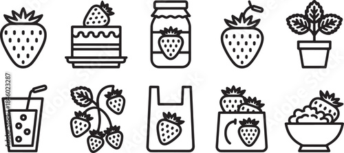 Collection of nine minimalist black outline icons featuring strawberries and related items strawberry