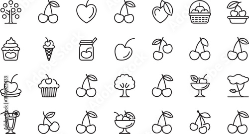 Collection of minimalist outline icons featuring cherries fruit trees cupcakes and ice cream cherry icon