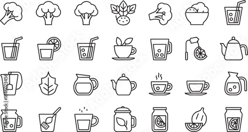 Collection of minimalist outline icons featuring food drinks and kitchenware broccoli cauliflower