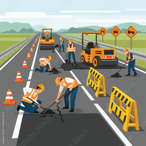 road repair crew maintaining highway with machinery.