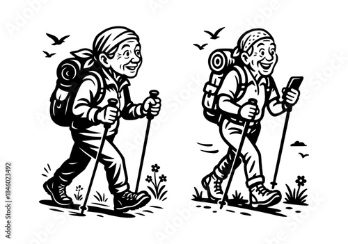 Senior Hiker Trekking with Backpack and Poles Vector Set