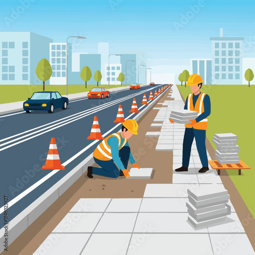 road repair workers laying tiles on sidewalk.