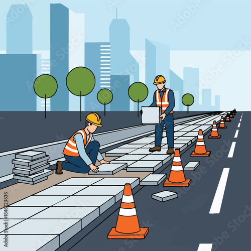 Road repair workers laying pavement in urban city.