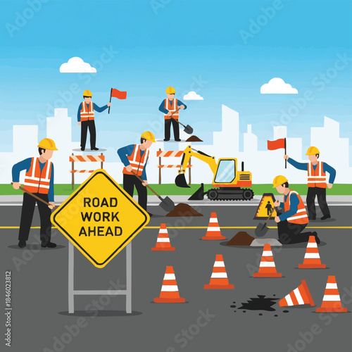road work ahead sign with construction workers.