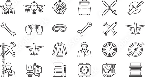 Collection of black line art icons depicting aircraft maintenance and tools airplane mechanic